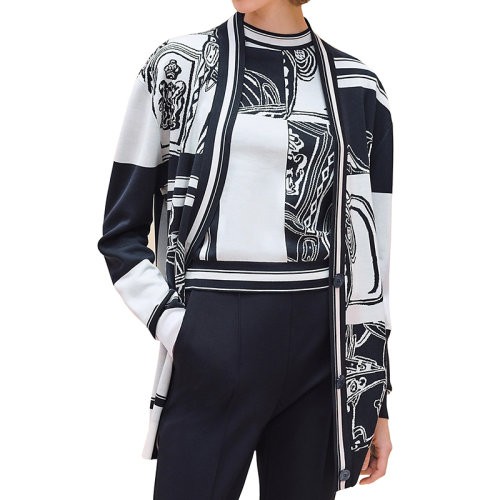 【服装】Hermes/爱马仕24新款 女士黑蓝色桑蚕丝V领无序刺绣毛衣H4E2727D65H34
