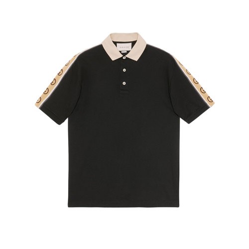 【服装】GUCCI/古驰 22年春夏新款 男士黑色棉质混纺弹力面料饰互扣式双G条纹短袖polo衫‎（衣服）598949XJB0Q1082