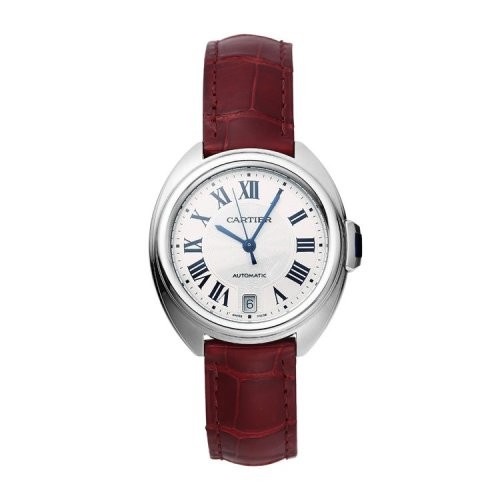 【新品手表】 CARTIER/卡地亚 钥匙系列精钢表壳酒红色鳄鱼皮表带女士自动机械腕表 35毫米