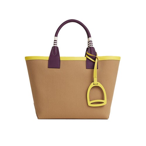 【包税】HERMES/爱马仕24新款 女士栗色帆布黄色皮马镫型手提包H083618CKAC